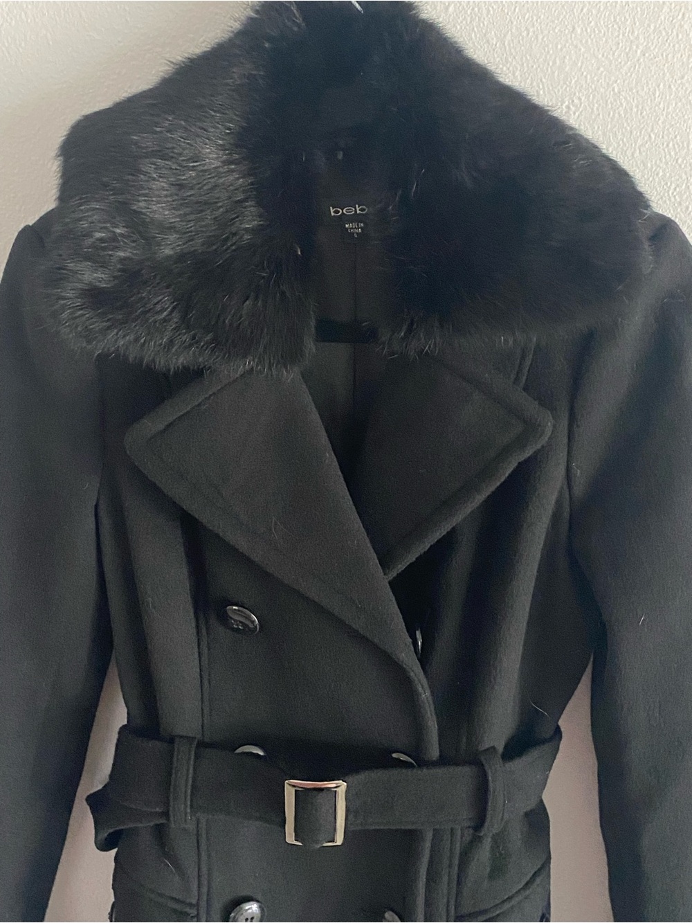 bebe Black Double-Breasted Trench Coat with Faux Fur Collar - Picture 6 of 9